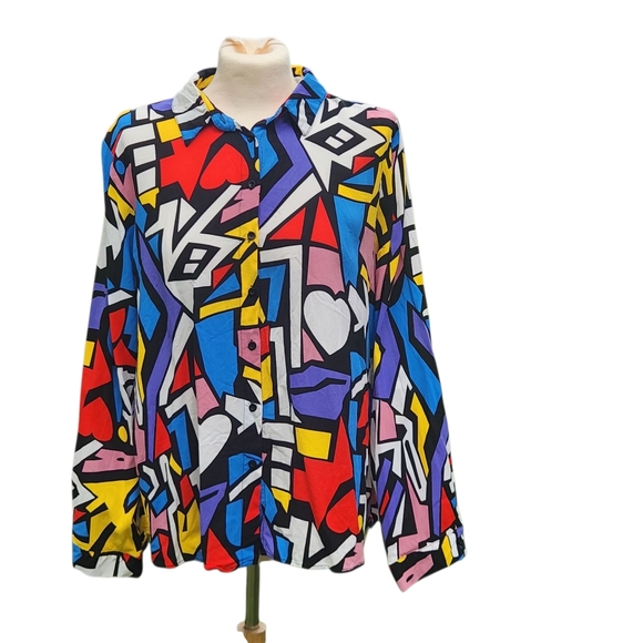 Women's Button Blouse Xlarge Artsy Pop Funky Geometric Festival Concert - Picture 5 of 14